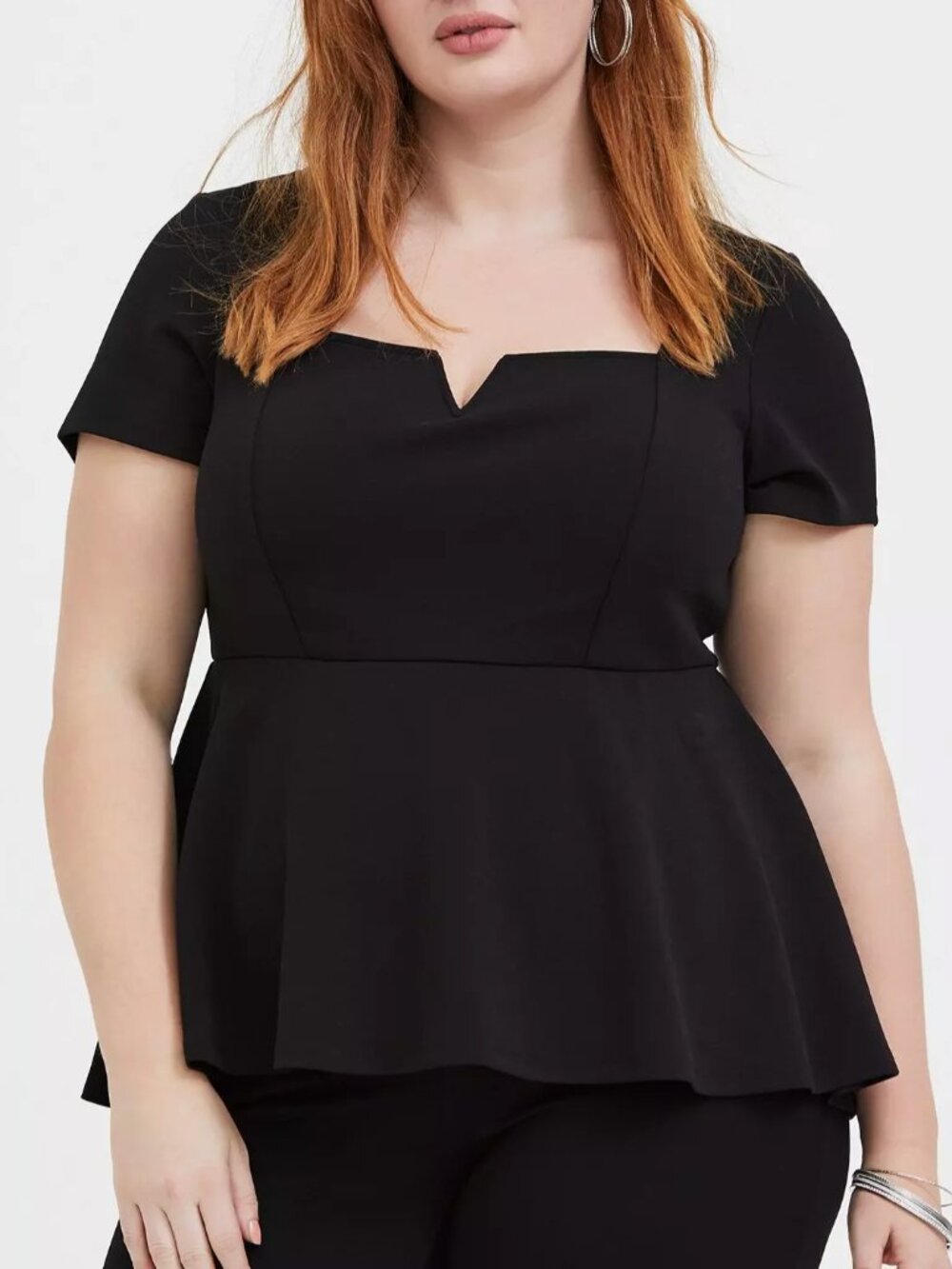 TORRID 1 Plus Size Scuba Knit V-Bar Peplum Top Solid Black Short Sleeve Sexy 1X